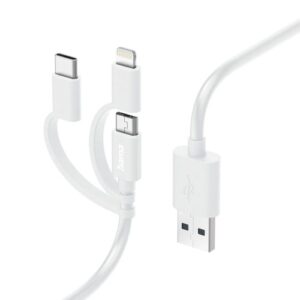 Hama 3-in-1 Multi Charging Cable - USB-A to USB-C/Micro USB/Lightning, Quick Charge, 1 Metre, White, MFI Certified