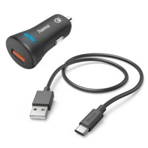 CHARGER-HAMCARUSBC-WIRED.jpg Hama USB-A Fast Charge Car Adapter with USB-C Charging Cable, Qualcomm 3.0, 19.5W, Black