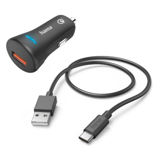 CHARGER-HAMCARUSBC-WIRED.jpg Hama USB-A Fast Charge Car Adapter with USB-C Charging Cable, Qualcomm 3.0, 19.5W, Black