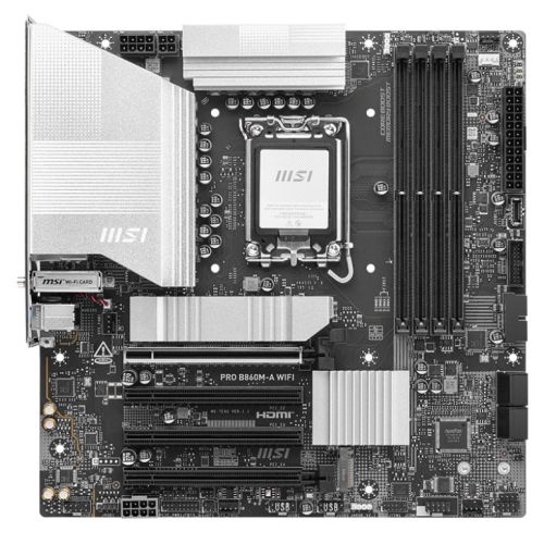 MSIMBB860PRO-AWIFI.jpg MSI PRO B860M-A WIFI, Intel B860, 1851, Micro ATX, 4 DDR5, HDMI, DP, TB4, Wi-Fi 7, 5G LAN, 3x M.2