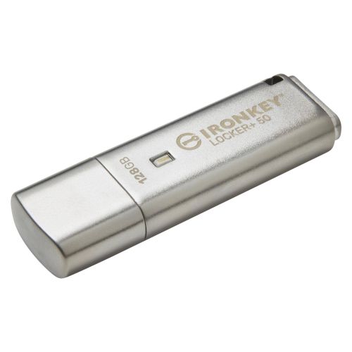 Kingston 128GB IronKey Locker+ 50 Memory Pen, USB-A 3.2 Gen1, FIPS 197-certified, XTS-AES 256-bit Encrypted w/ Auto USBtoCloud Backup, R/W 145/115 MB/s