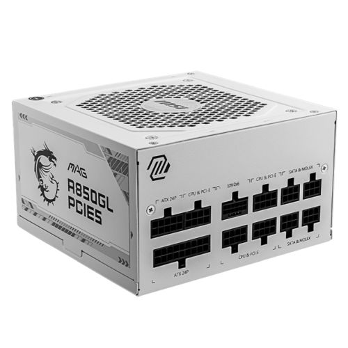 MSI 850W (MAG A850GL PCIE5 WHITE) ATX 3.1 PSU, Fully Modular, 80+/Cybenetics Gold, LLC Full-Bridge, PCIe 5.1
