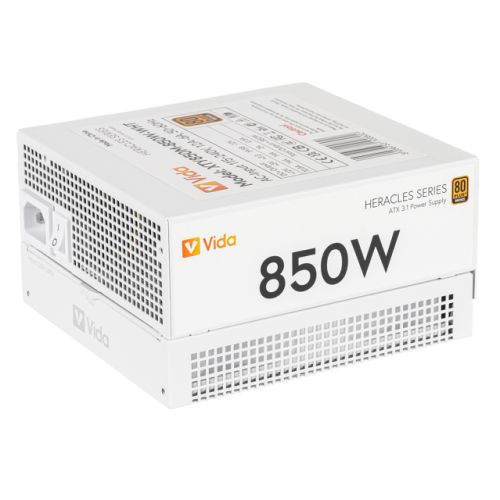 PSU-850VIDHERA80BRONZEWHT.jpg Vida 850W Heracles White ATX 3.1 Gaming PSU, 80+ Bronze, 140mm Ultra-Quiet FDM Fan, Flat White Cables, PCIe 5.1, Power Lead Not Included