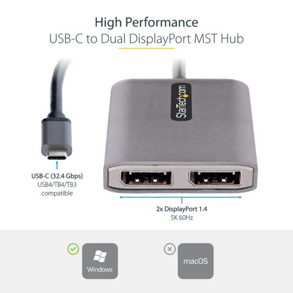 StarTech.com USB-C to Dual Displayport 1.4 Adapter, USB Type-C Multi-Monitor MST Hub, Dual 5K 60Hz DP Laptop Display Extender / Splitter, HDR, Extra-Long Built-In Cable - Windows Only