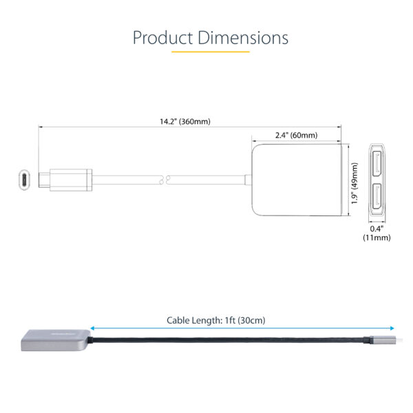 StarTech.com USB-C to Dual Displayport 1.4 Adapter, USB Type-C Multi-Monitor MST Hub, Dual 5K 60Hz DP Laptop Display Extender / Splitter, HDR, Extra-Long Built-In Cable - Windows Only