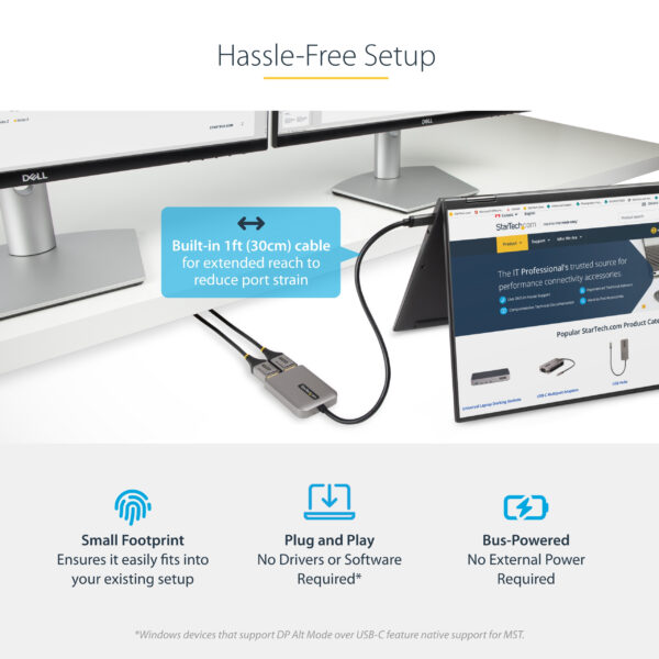 StarTech.com USB-C to Dual Displayport 1.4 Adapter, USB Type-C Multi-Monitor MST Hub, Dual 5K 60Hz DP Laptop Display Extender / Splitter, HDR, Extra-Long Built-In Cable - Windows Only