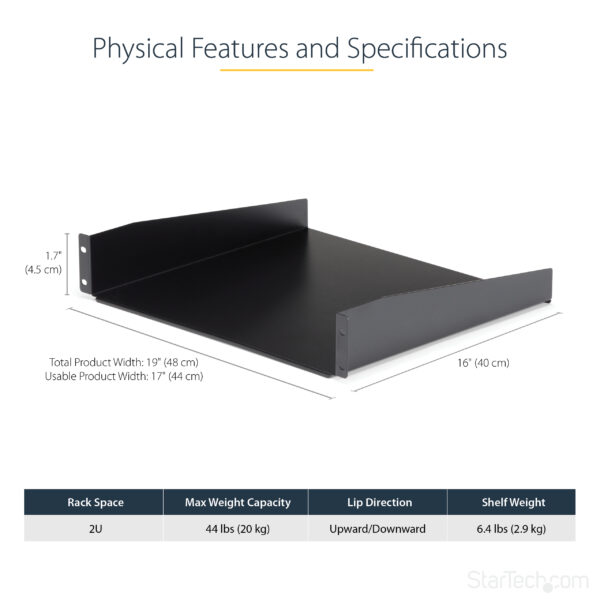 StarTech.com 2U Server Rack Shelf - Universal Rack Mount Cantilever Shelf for 19" Network Equipment Rack & Cabinet - Heavy Duty Steel – Weight Capacity 44lb/20kg - 16" Deep Tray, Black