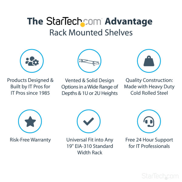 StarTech.com 2U Server Rack Shelf - Universal Rack Mount Cantilever Shelf for 19" Network Equipment Rack & Cabinet - Heavy Duty Steel – Weight Capacity 44lb/20kg - 16" Deep Tray, Black
