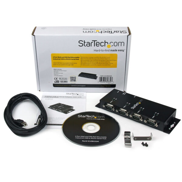 StarTech.com 4 Port USB to DB9 RS232 Serial Adapter Hub – Industrial DIN Rail and Wall Mountable