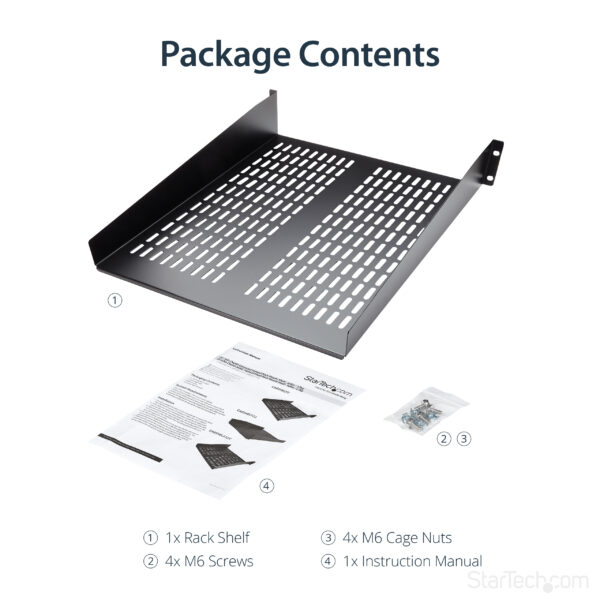 StarTech.com 2U Server Rack Shelf - Universal Vented Rack Mount Cantilever Tray for 19" Network Equipment Rack & Cabinet - Heavy Duty Steel – Weight Capacity 50lb/23kg - 22" Deep Shelf, Black