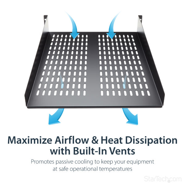 StarTech.com 2U Server Rack Shelf - Universal Vented Rack Mount Cantilever Tray for 19" Network Equipment Rack & Cabinet - Heavy Duty Steel – Weight Capacity 50lb/23kg - 22" Deep Shelf, Black