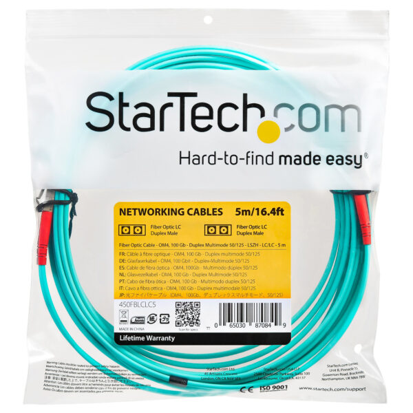 StarTech.com 5m (16.4ft) LC/UPC to LC/UPC OM4 Multimode Fiber Optic Cable, 50/125µm LOMMF/VCSEL Zipcord Fiber, 100G, Low Insertion Loss - LSZH Fiber Jumper Cord