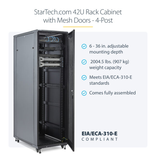 StarTech.com 4-Post 42U Server Rack Cabinet, 19" Data Rack Cabinet for Computer / AV / IT Equipment mount, Rack Server Enclosure with Casters, Full Size Industrial Network Storage