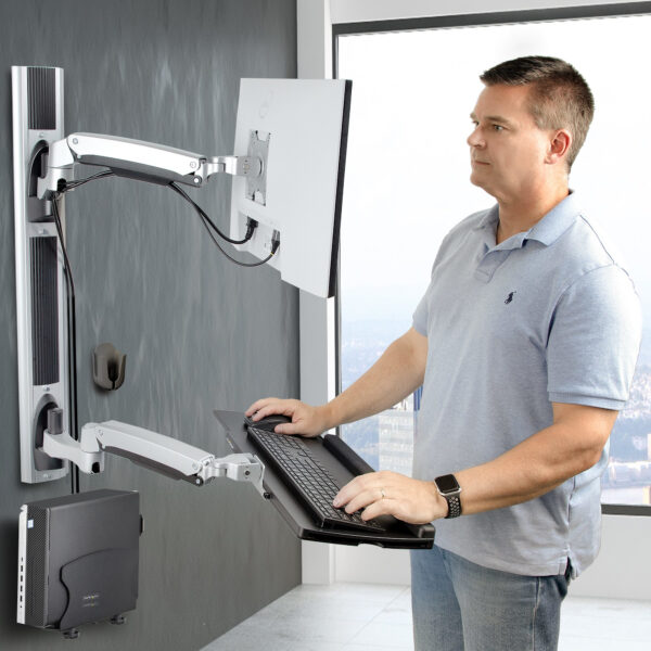 StarTech.com Wall Mount Workstation, VESA Mount For 32" Monitors (22lb/10kg), Fully Articulating Single Monitor Mount & Keyboard Tray w/Desktop Computer/PC Bracket, Standing Desk