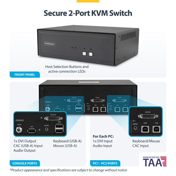 StarTech.com Secure 2-Port KVM Switch, DVI, NIAP 4.0 Desktop KVM, Metal Housing, CAC Port, Made in the USA