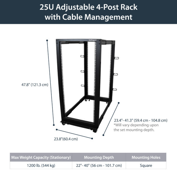 StarTech.com 4-Post 25U Mobile Open Frame Server Rack, Four Post 19in Network Rack with Wheels, Rolling Rack with Adjustable Depth for Computer/AV/Data/IT Equipment - Casters, Leveling Feet or Floor Mounting