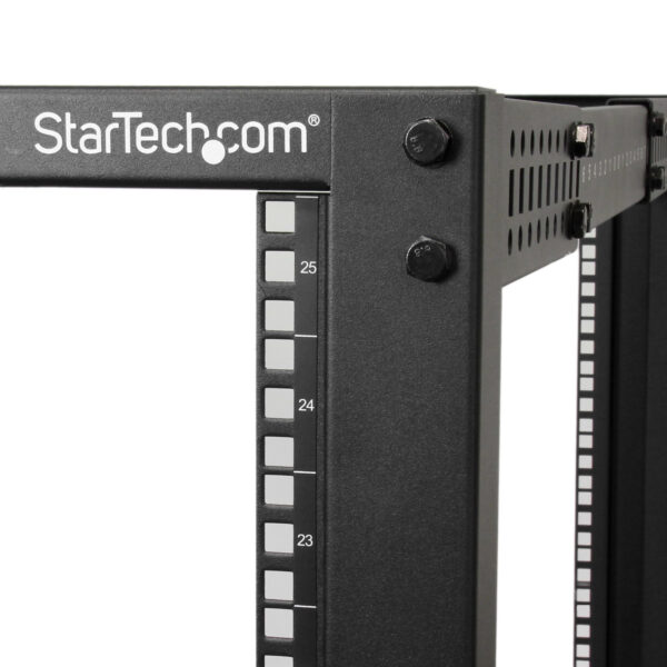 StarTech.com 4-Post 25U Mobile Open Frame Server Rack, Four Post 19in Network Rack with Wheels, Rolling Rack with Adjustable Depth for Computer/AV/Data/IT Equipment - Casters, Leveling Feet or Floor Mounting