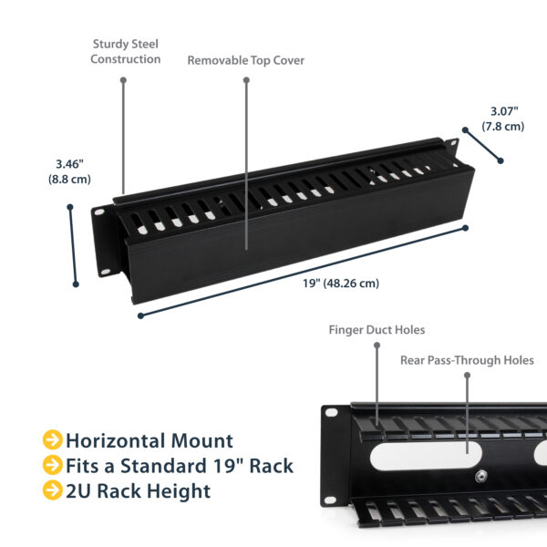 StarTech.com Horizontal 2U Server Rack Cable Management Finger Duct w/ Cover - 19" Network Rack Wire Duct Raceway Panel - Slotted Wire Duct