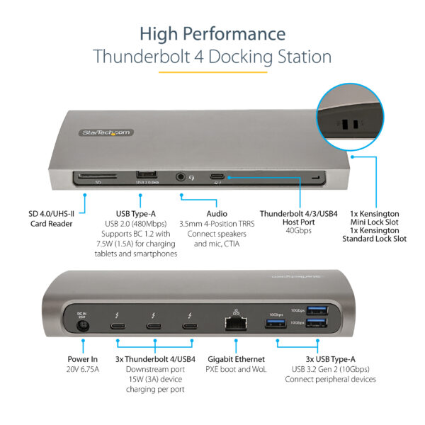 StarTech.com Thunderbolt 4 Dock, 96W Power Delivery, Single 8K/Dual Monitor 4K 60Hz, 3xTB4/USB4 ports, 4xUSB-A, SD, GbE, Thunderbolt 4 Docking Station for Windows or TB3 MacBook, 0.8m Cable
