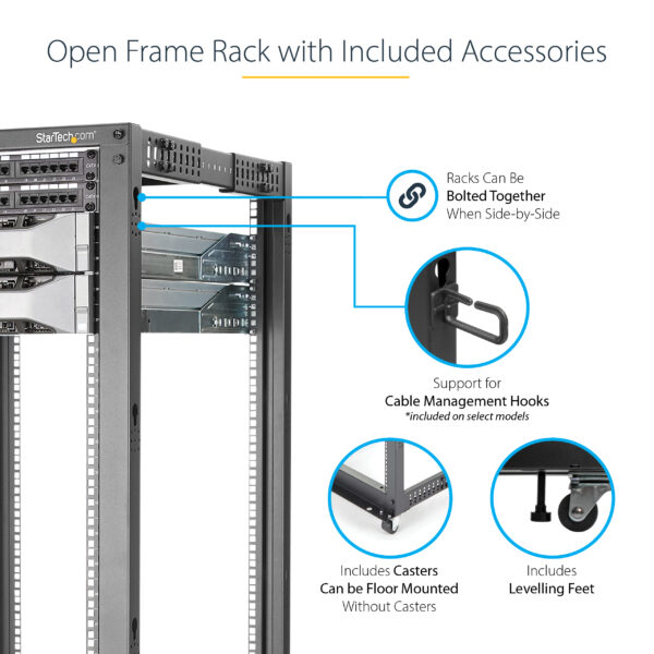 StarTech.com 4-Post 42U Mobile Open Frame Server Rack, Four Post 19" Network Rack with Wheels, Rolling Rack with Adjustable Depth for Computer/AV/Data/IT Equipment - Casters, Leveling Feet or Floor Mounting