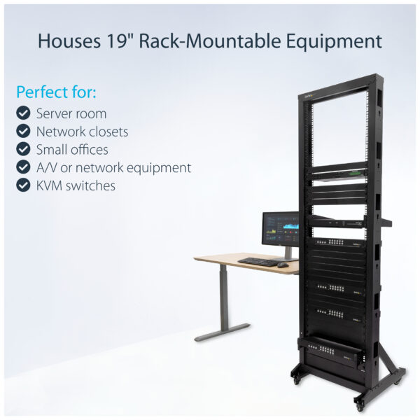 StarTech.com 2-Post 42U Mobile Open Frame Server Rack, Two Post 19in Network Rack with Wheels, Rolling Open Rack for AV/Data/Media/IT Equipment, Computer Rack for Home/Office Spaces - Casters Included