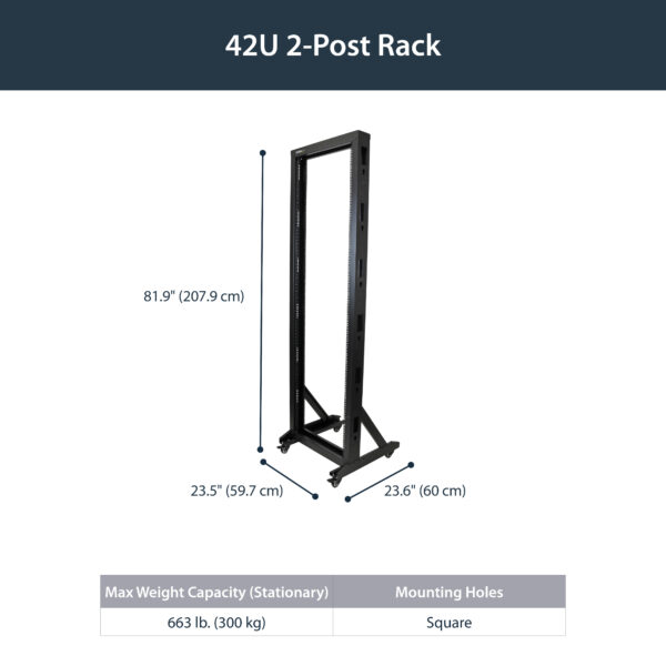 StarTech.com 2-Post 42U Mobile Open Frame Server Rack, Two Post 19in Network Rack with Wheels, Rolling Open Rack for AV/Data/Media/IT Equipment, Computer Rack for Home/Office Spaces - Casters Included