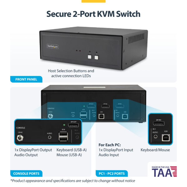 StarTech.com Secure 2-Port KVM Switch, DisplayPort, 4K 30Hz, NIAP 4.0 Desktop KVM, Metal Housing, Made in the USA