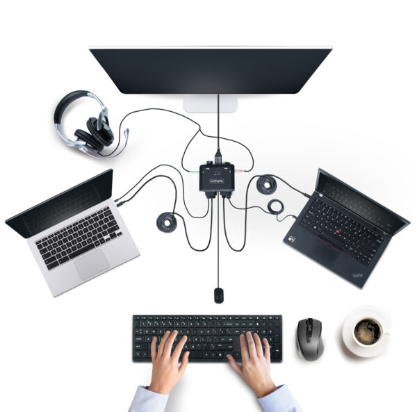 StarTech.com 2-Port USB-C Cable KVM Switch, 4K 60Hz DisplayPort Output, Compact KVM with 4ft/1.2m USB Type-C/Audio Integrated Cables, Bus Powered - Remote Push-Button/Hotkey Switching