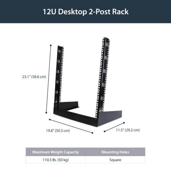 StarTech.com 2-Post 12U Desktop Server Rack, Small Open Frame 19in Computer Rack, Compact Network Rack for AV / Studio / Data / IT Equipment - Free Standing Two-Post Home/Office Rack