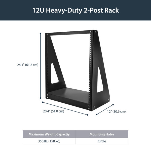 StarTech.com 2-Post 12U Heavy-Duty Desktop Server Rack, Small Open Frame 19in Computer Rack, Compact Network Rack for AV / Studio / Data / IT Equipment, TAA Compliant - Free Standing Two-Post Home/Office Rack