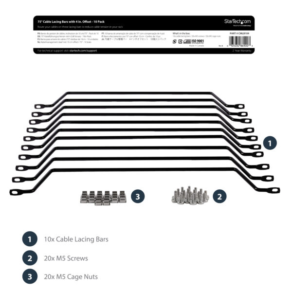 StarTech.com Horizontal Cable Lacing Bars with 4 in. Offset for Racks - 10 Pack