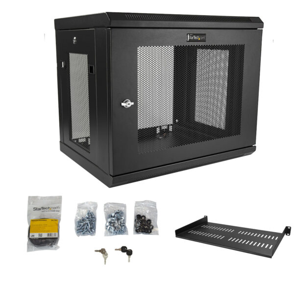 StarTech.com 2-Post 9U Wall Mount Network Cabinet with 1U Shelf, 19" Wall-Mounted Server Rack for Data / Networking / AV / Electronics / Computer Equipment, Small Vented Rack Enclosure