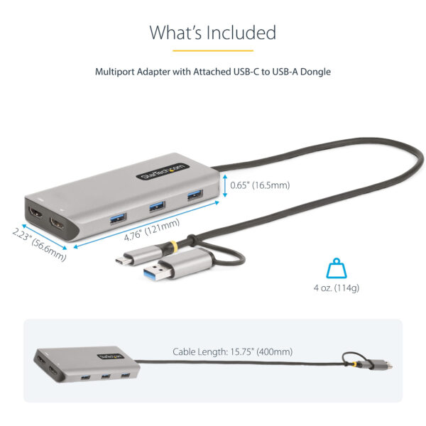 StarTech.com USB-C Multiport Adapter w/Attached USB-C to USB-A Dongle, Dual HDMI (4K30Hz/1080p60Hz), 3x USB-A 5Gbps, Mini Travel Dock, Laptop Docking Station, 1.3ft/40cm Cable