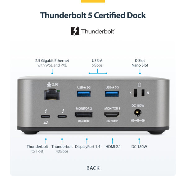 StarTech.com Thunderbolt 5 Docking Station, DP / HDMI, Triple Monitor Dock up to 4K 144Hz or Dual 8K 60Hz, 5x USB Ports, 140W Laptop Charging