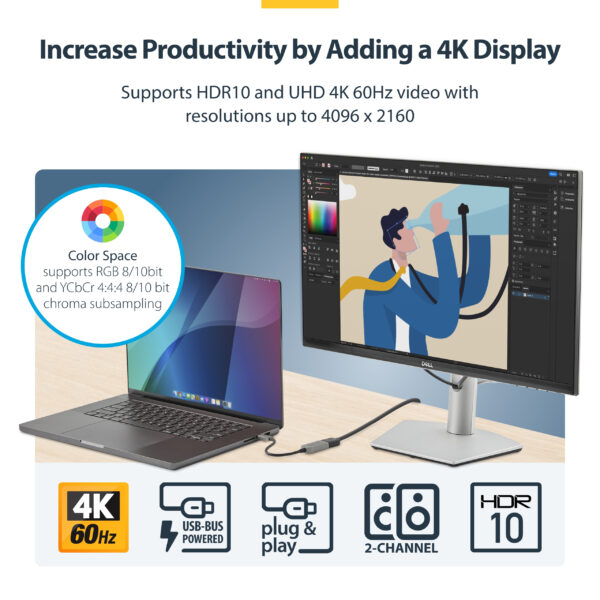 StarTech.com USB-C to HDMI Adapter, 4K 60Hz Video, HDR10, USB-C to HDMI Monitor Dongle, USB4 / Thunderbolt Compatible