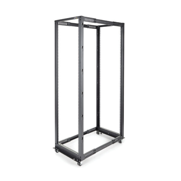 StarTech.com 4-Post 42U Mobile Open Frame Server Rack, Four Post 19" Network Rack with Wheels, Rolling Rack with Adjustable Depth for Computer/AV/Data/IT Equipment - Casters, Leveling Feet or Floor Mounting