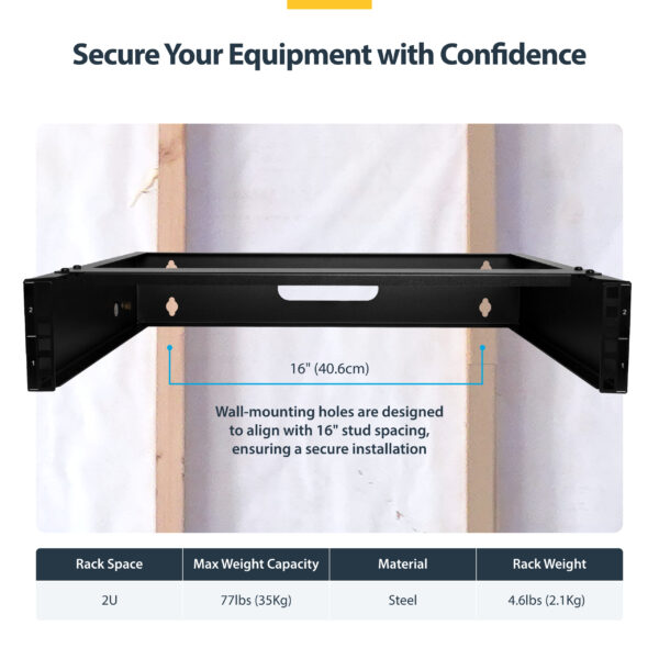 StarTech.com 2U Wall Mount Network Rack - 14In. Deep (Low Profile) - 19" Patch Panel Bracket for Shallow Server, IT Equipment, Network Switches - 77lbs/35kg Weight Capacity, Black