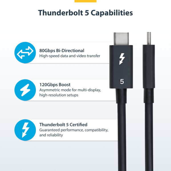 StarTech.com 2.6ft (80cm) Thunderbolt 5 Cable, 80Gbps/Up to 120Gbps, 240W PD, 8K 60Hz, Certified Thunderbolt Cable - Compatible w/Thunderbolt 4/USB4/USB-C