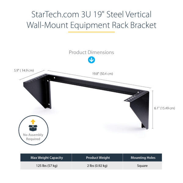 StarTech.com 3U 19” Wall Mount Vertical Rack Bracket, Wall Mount Patch Panel Bracket for Data/AV/IT/Computer Equipment, 3U Rack for Cabinet or Server Room, Supports 150lb (68kg) Capacity