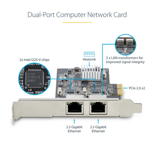 StarTech.com 2-Port 2.5Gbps NBASE-T PCIe Network Card, Intel I225-V, Dual-Port Computer Network Card, Multi-Gigabit NIC, PCI Express Server LAN Card, Desktop Ethernet Interface