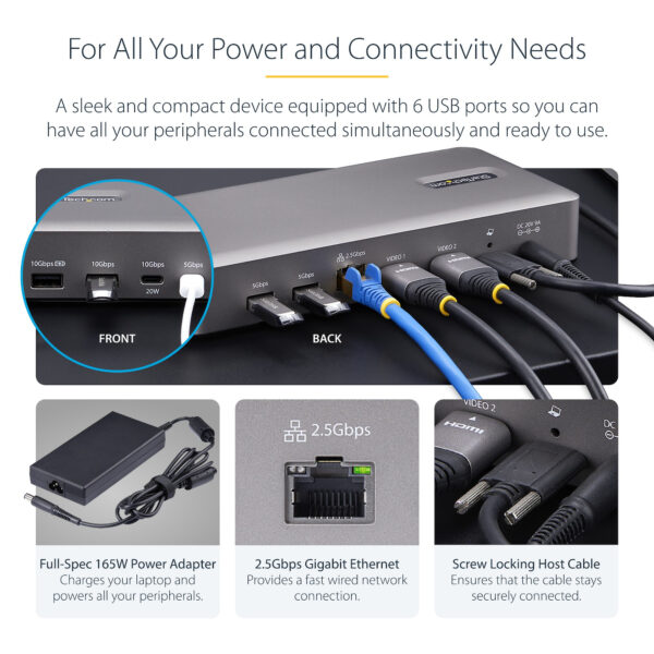 StarTech.com Dual-Monitor USB4 Docking Station, Dual 4K 120Hz or Single 8K 60Hz HDMI, 100W Laptop Charging, 2.5GbE, USB-C Multi-Monitor Dock, Driverless