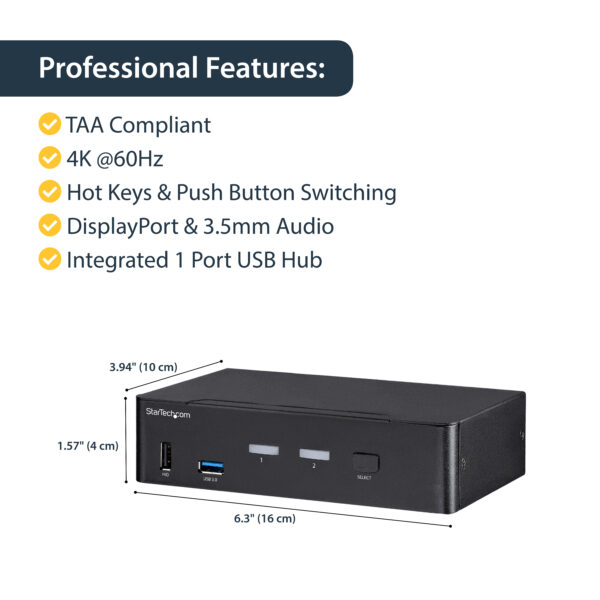 StarTech.com 2 Port DisplayPort KVM Switch - 4K 60Hz - Single Display - Dual Port UHD DP 1.2 USB KVM Switch with Integrated USB 3.0 Hub & Audio - Dell HP Apple Lenovo - TAA Compliant