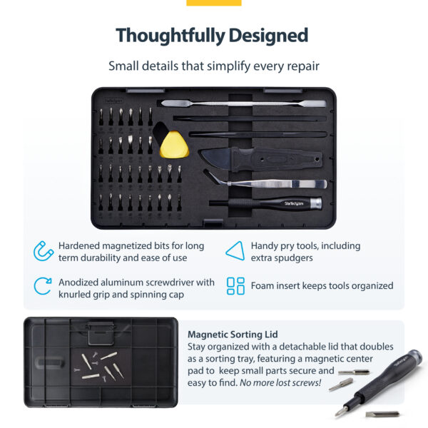 StarTech.com 40-Piece Computer Repair Toolkit for Laptop/PC/Electronics/Phone, 30-Bit Precision Screwdriver Set, Removable Lid with Magnetic Pad, Prying Tools