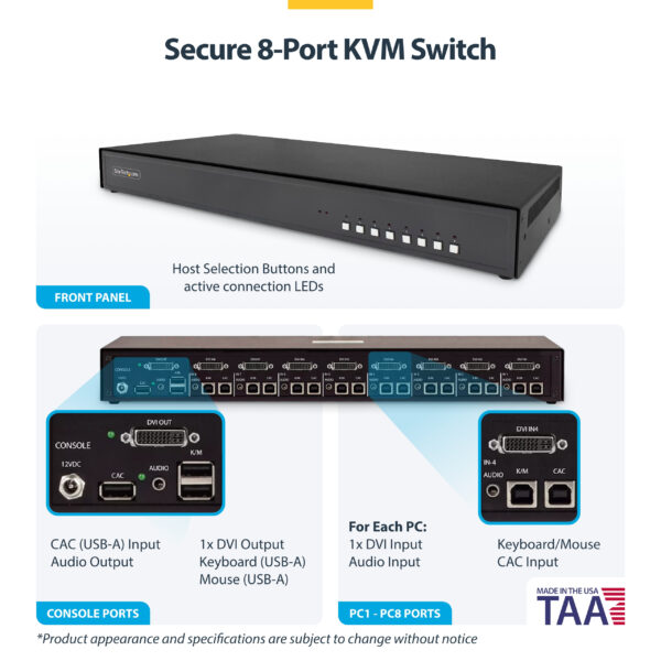 StarTech.com Secure 8-Port DVI KVM Switch, NIAP 4.0 Desktop KVM, Metal Housing, CAC Port, Made in the USA