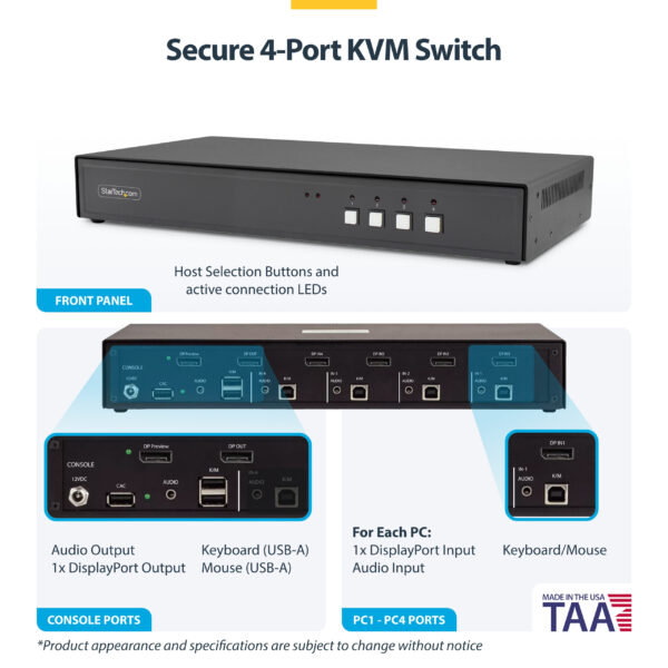 StarTech.com Secure 4-Port KVM Switch, DisplayPort, 4K 30Hz, NIAP 4.0 Desktop KVM, Metal Housing, Made in the USA