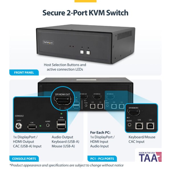 StarTech.com Secure 2-Port KVM Switch, HDMI or DisplayPort, 4K 60Hz, NIAP 4.0 Desktop KVM, Metal Housing, CAC Port, Made in the USA