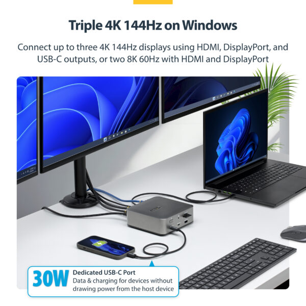 StarTech.com Thunderbolt 5 Docking Station, DP / HDMI, Triple Monitor Dock up to 4K 144Hz or Dual 8K 60Hz, 5x USB Ports, 140W Laptop Charging