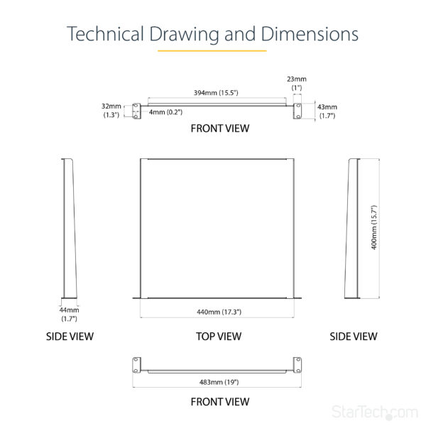 StarTech.com 1U Server Rack Shelf - Universal Rack Mount Cantilever Shelf for 19" Network Equipment Rack & Cabinet - Heavy Duty Steel – Weight Capacity 44lb/20kg - 16" Deep Tray, Black