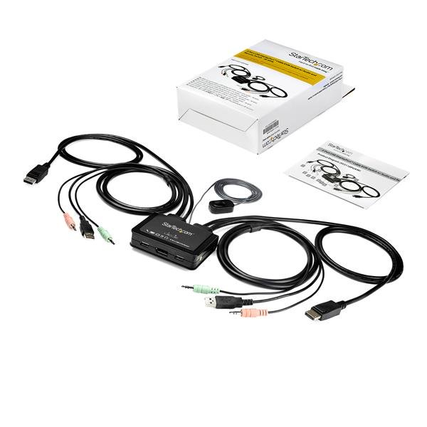 StarTech.com 2 Port DisplayPort KVM Switch - 4K 60Hz - Compact Dual Port UHD DP 1.2 USB Desktop KVM Switch with 4ft Cables & Audio - Bus Powered & Remote Switching - MacBook ThinkPad
