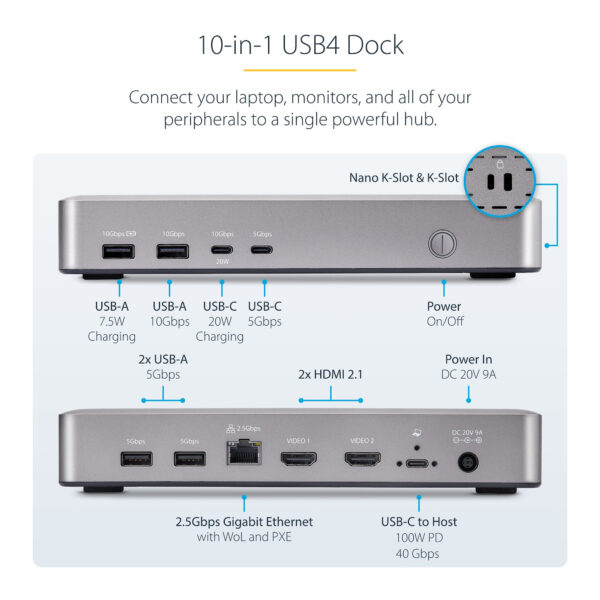 StarTech.com Dual-Monitor USB4 Docking Station, Dual 4K 120Hz or Single 8K 60Hz HDMI, 100W Laptop Charging, 2.5GbE, USB-C Multi-Monitor Dock, Driverless